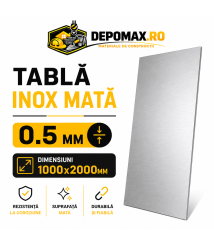 Tabla inox mata AISI 304 2B, 0.5 x 1000 x 2000 mm, 2 mp Tabla inox mata AISI 304 2B, 0.5 x 1000 x 2000 mm, 2 mp
